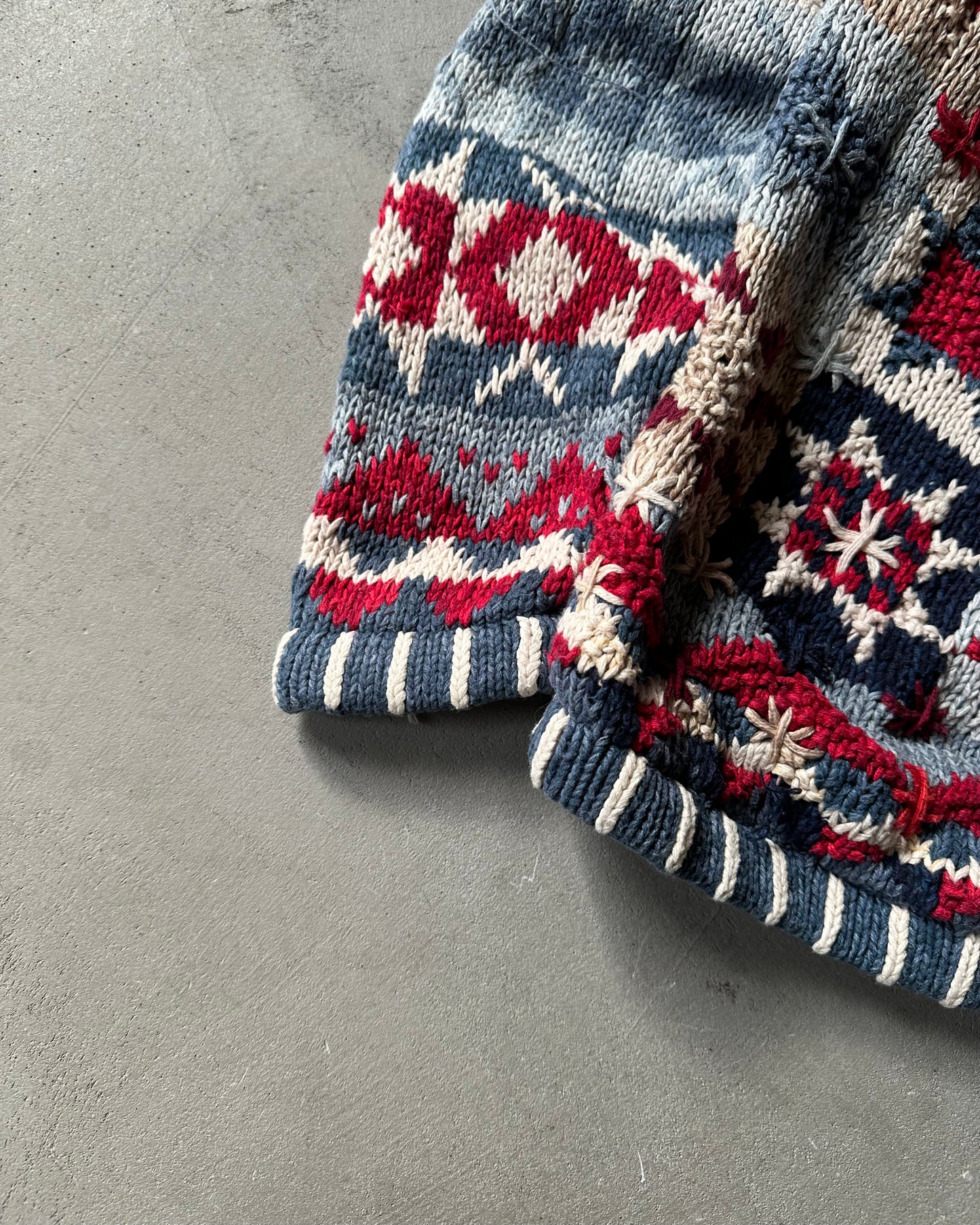 1990s - Distressed Blue/Red Patchwork Cardigan - (W)M/L