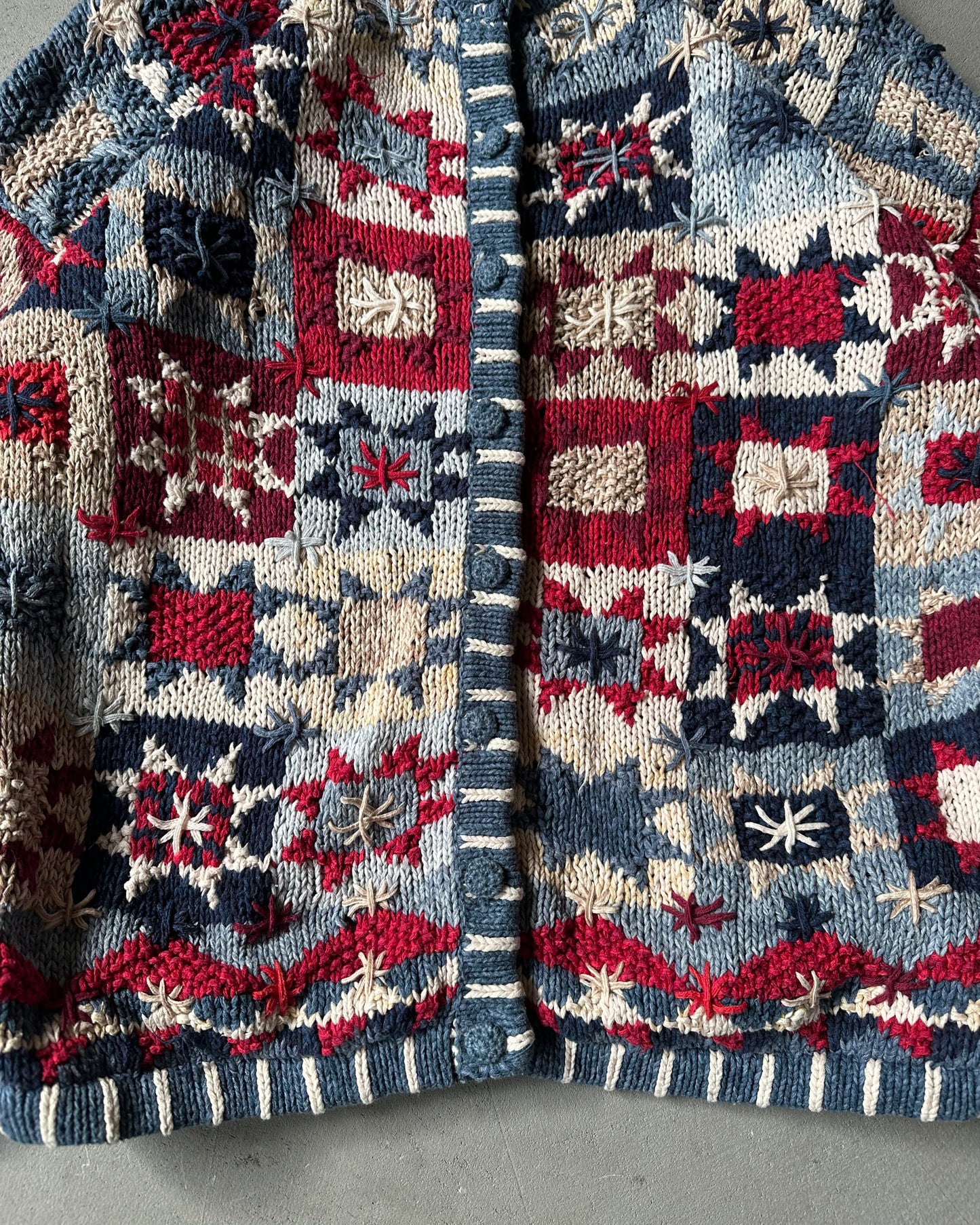 1990s - Distressed Blue/Red Patchwork Cardigan - (W)M/L
