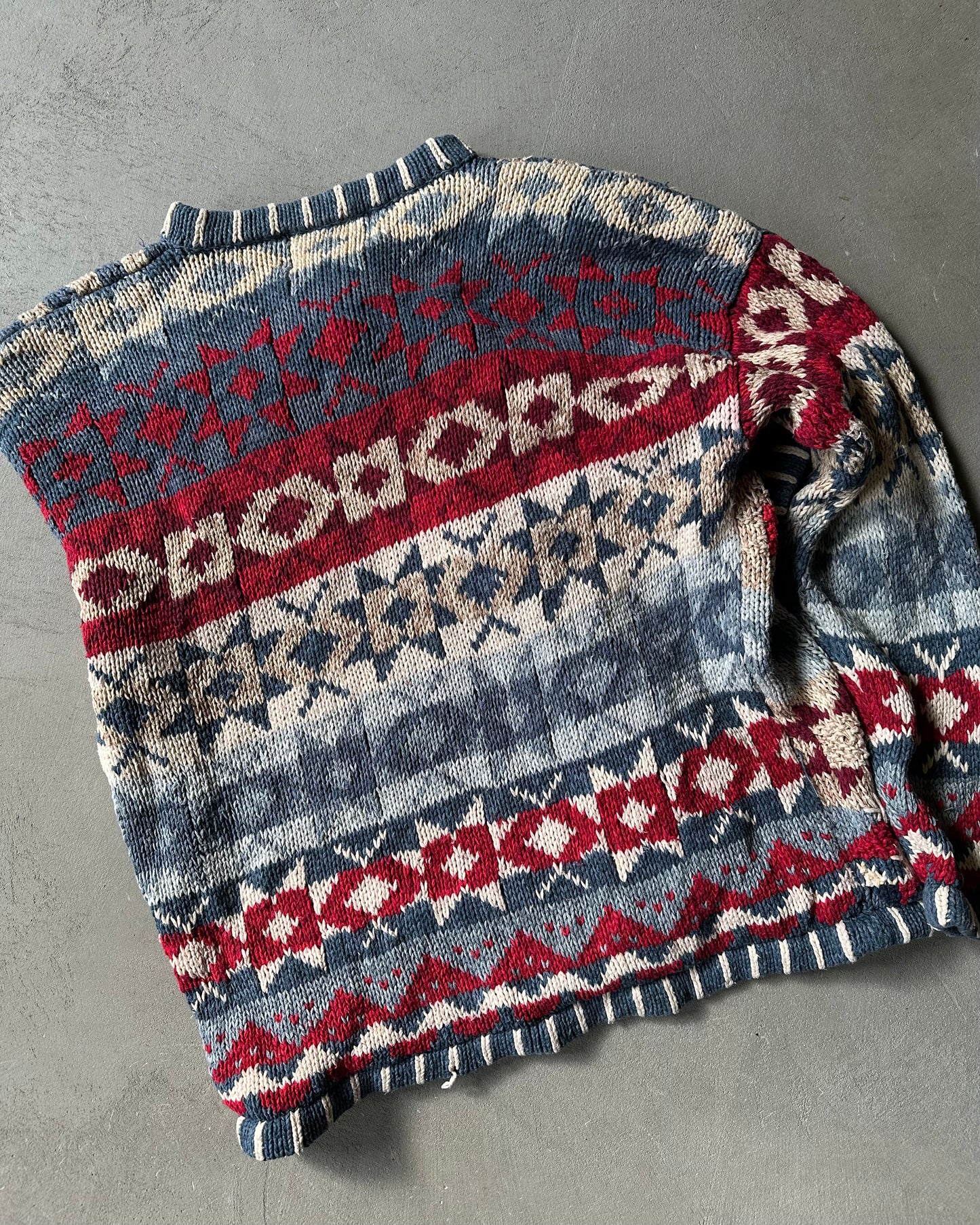 1990s - Distressed Blue/Red Patchwork Cardigan - (W)M/L