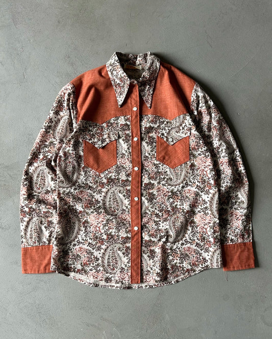 1970s - Coral/Cream Handmade Paisley Pearl Snap Shirt - S/M