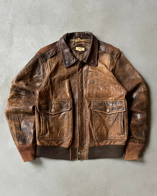 1990s - Distressed Brown Aviator Leather Jacket - M