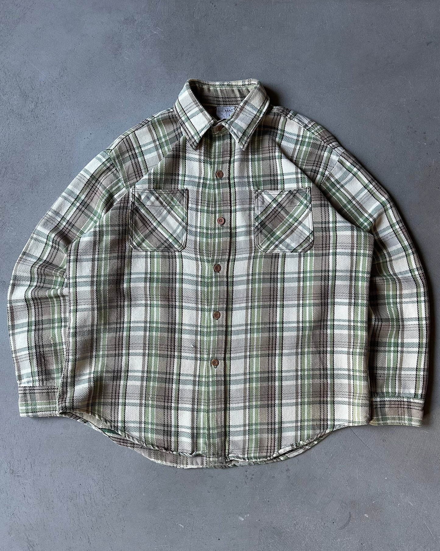 1970s - Cream/Green Big Mac Plaid Flannel - L