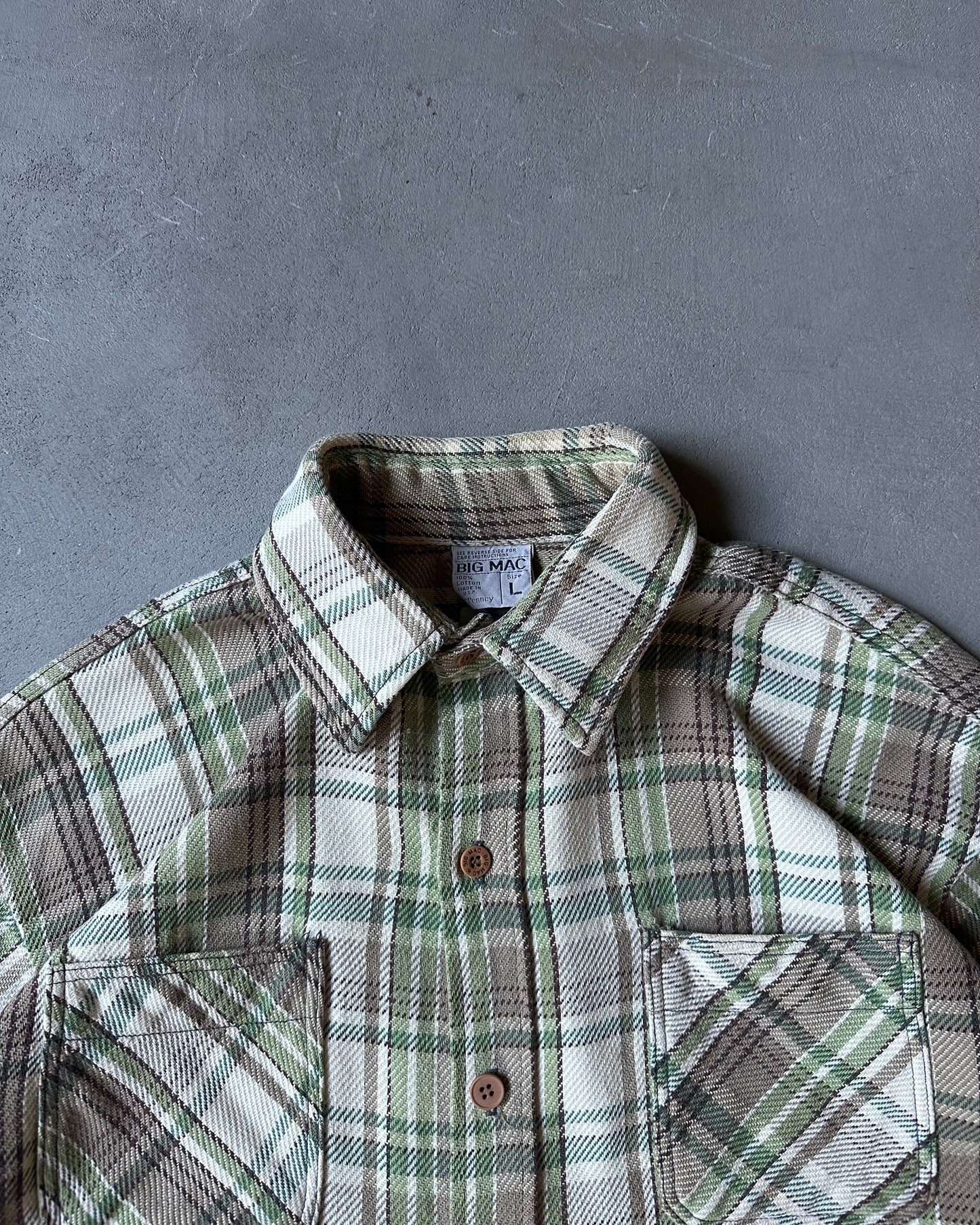 1970s - Cream/Green Big Mac Plaid Flannel - L