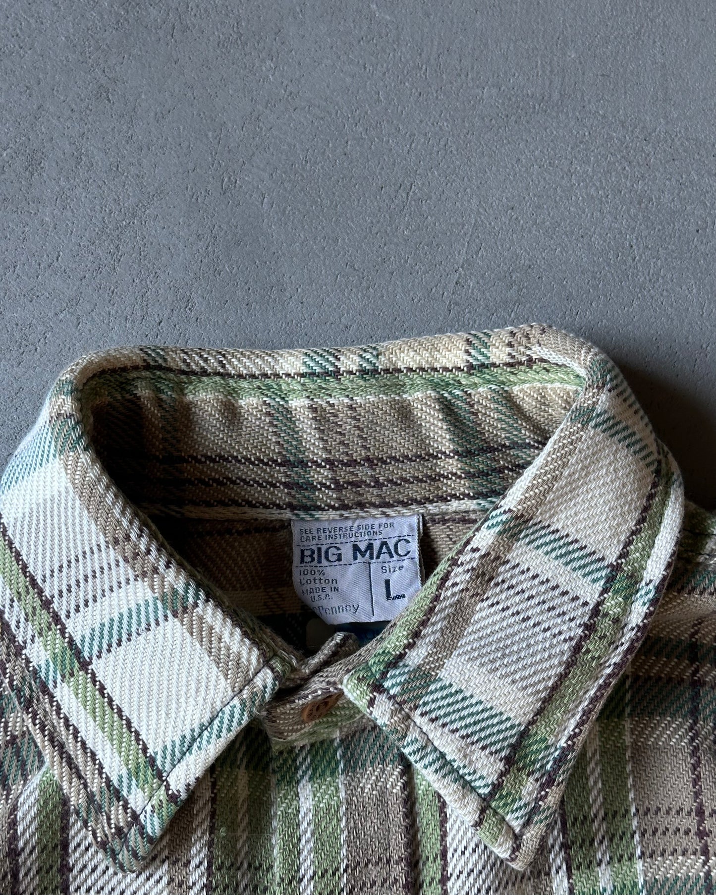 1970s - Cream/Green Big Mac Plaid Flannel - L