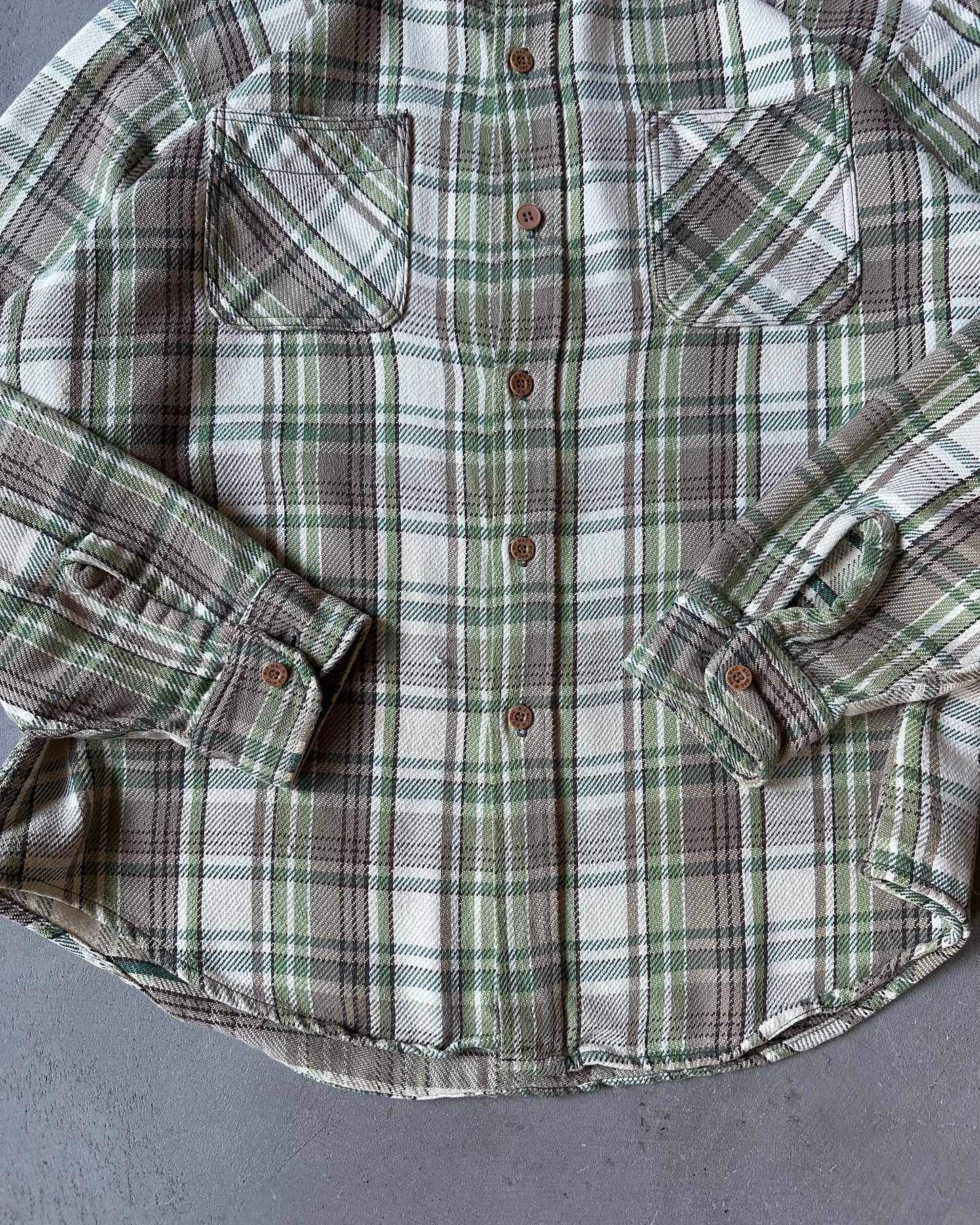 1970s - Cream/Green Big Mac Plaid Flannel - L