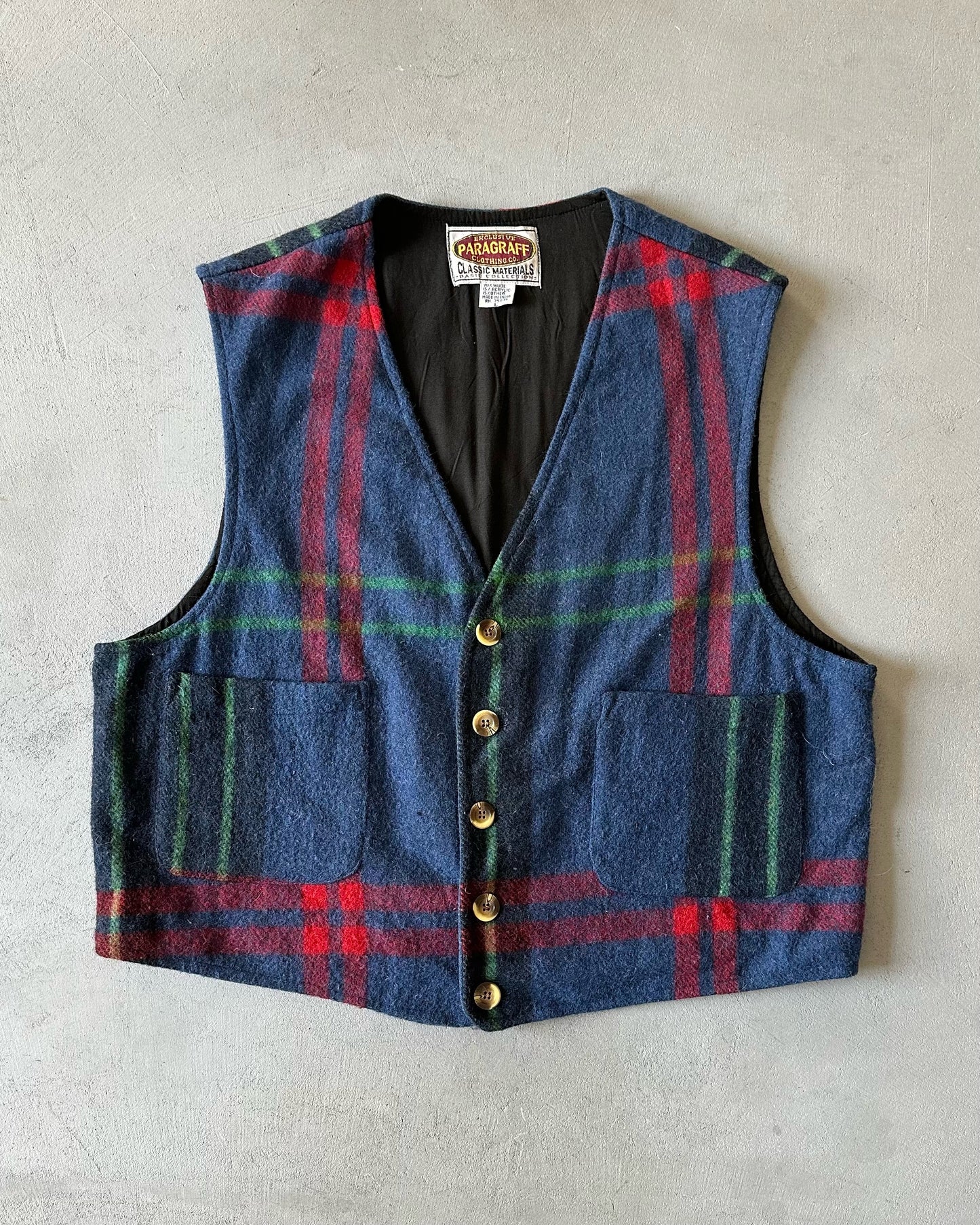 1990s - Navy/Red Plaid Wool Vest - L