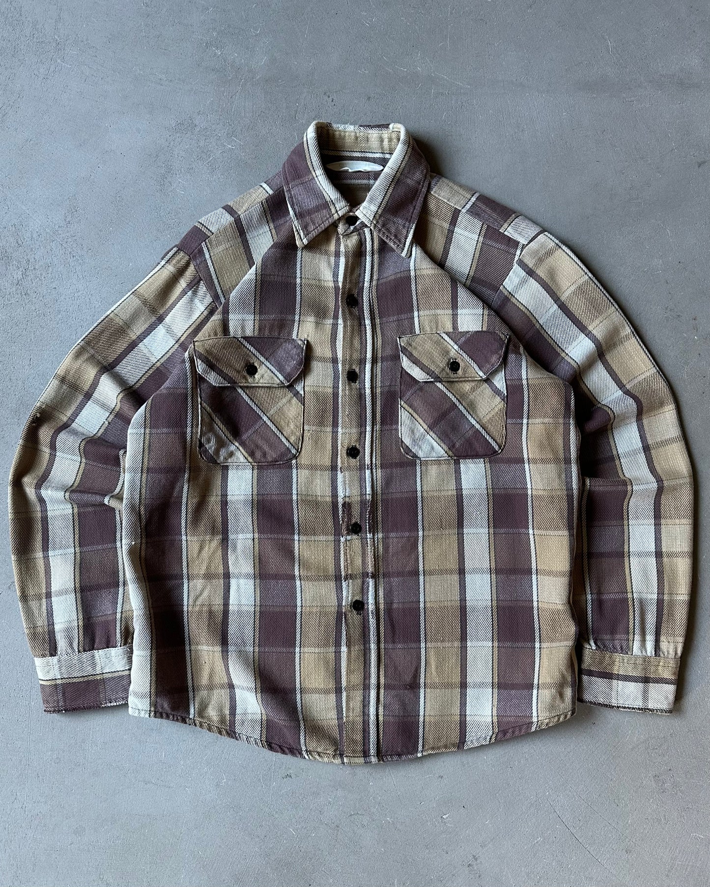 1980s - Distressed Brown Plaid Cotton Flannel - M