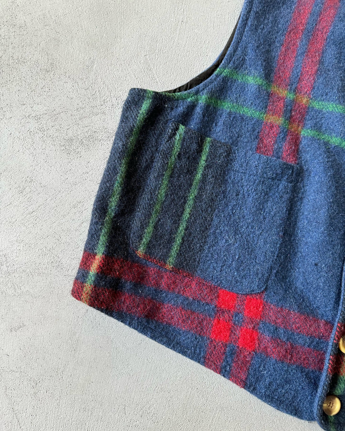 1990s - Navy/Red Plaid Wool Vest - L