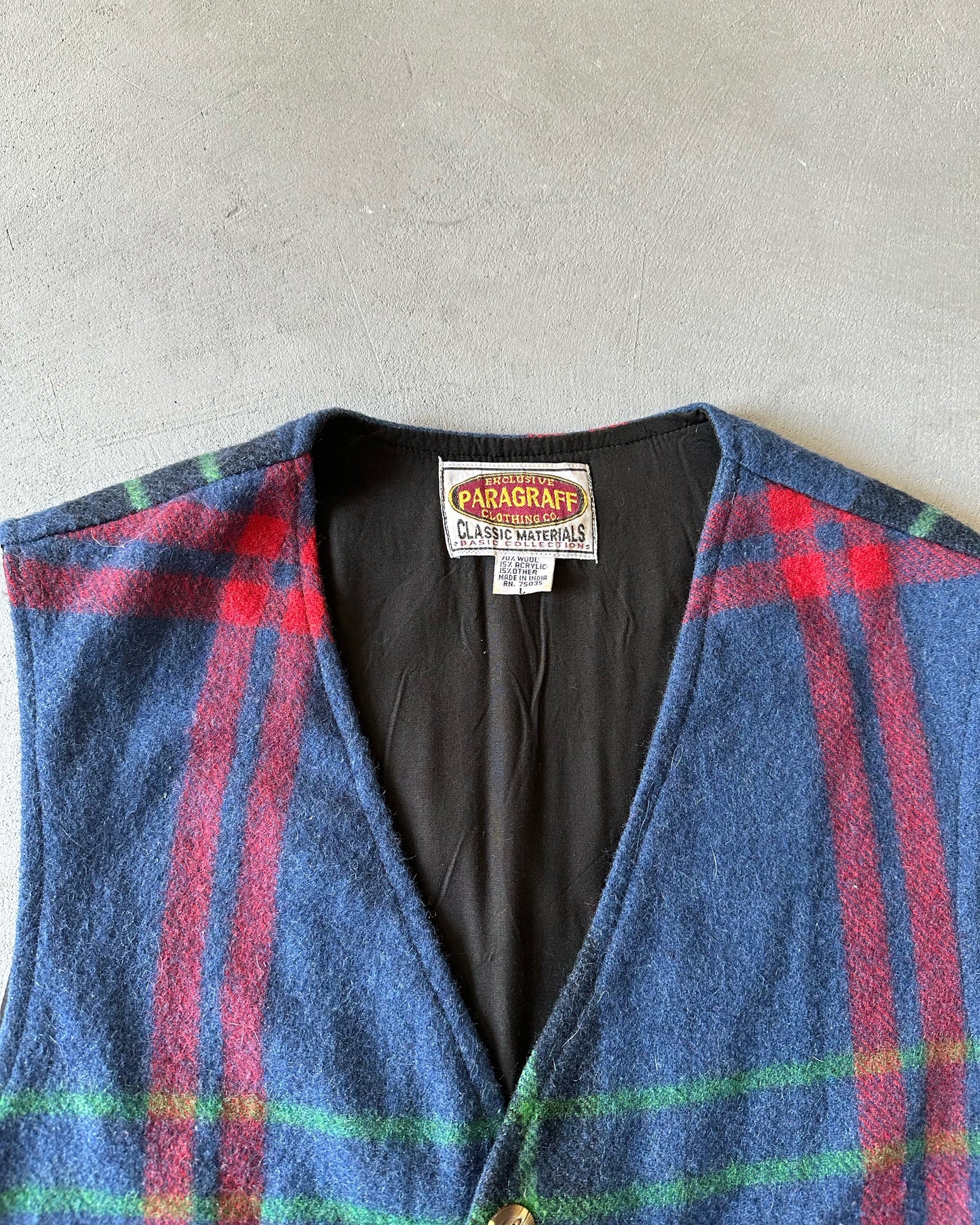 1990s - Navy/Red Plaid Wool Vest - L