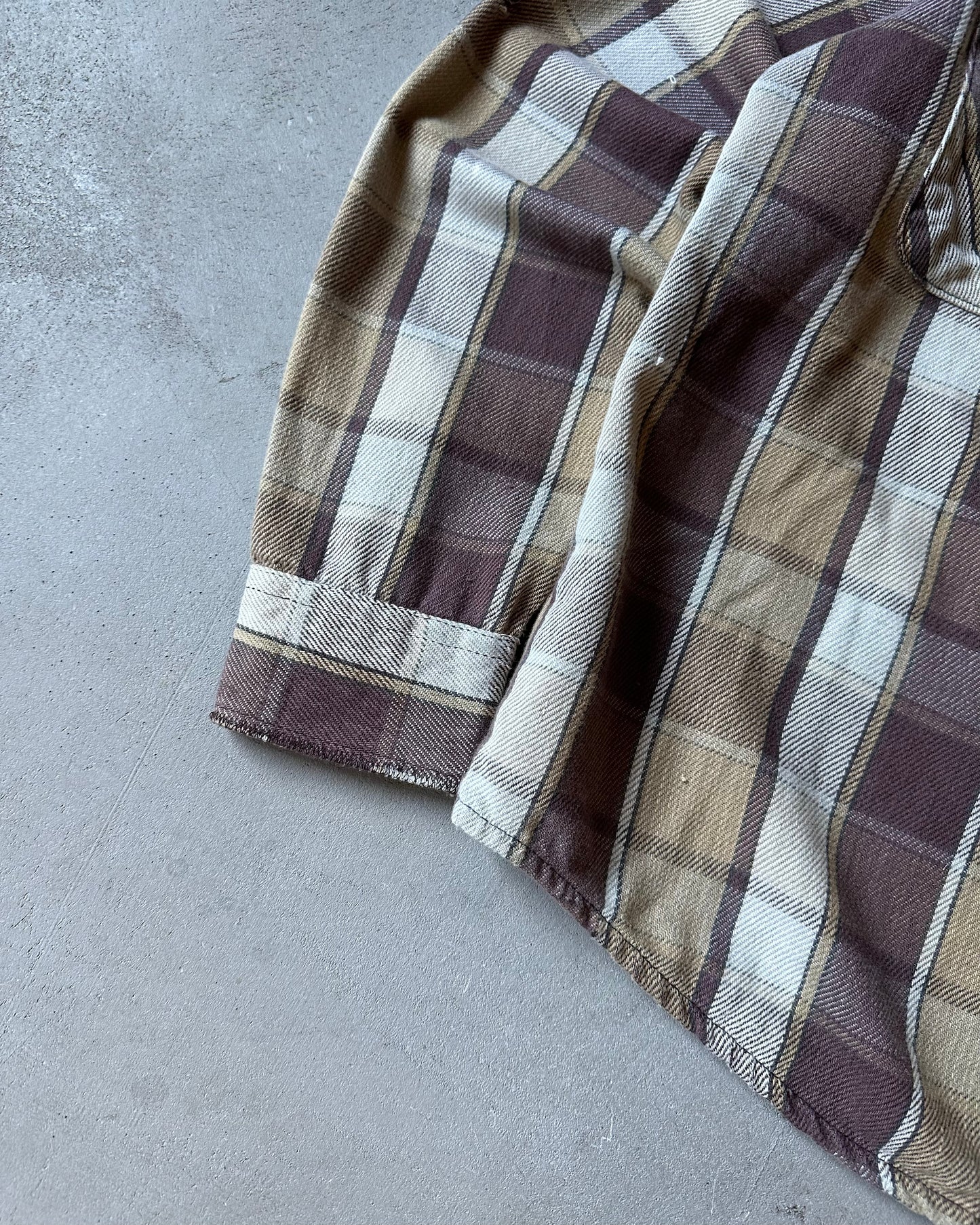 1980s - Distressed Brown Plaid Cotton Flannel - M