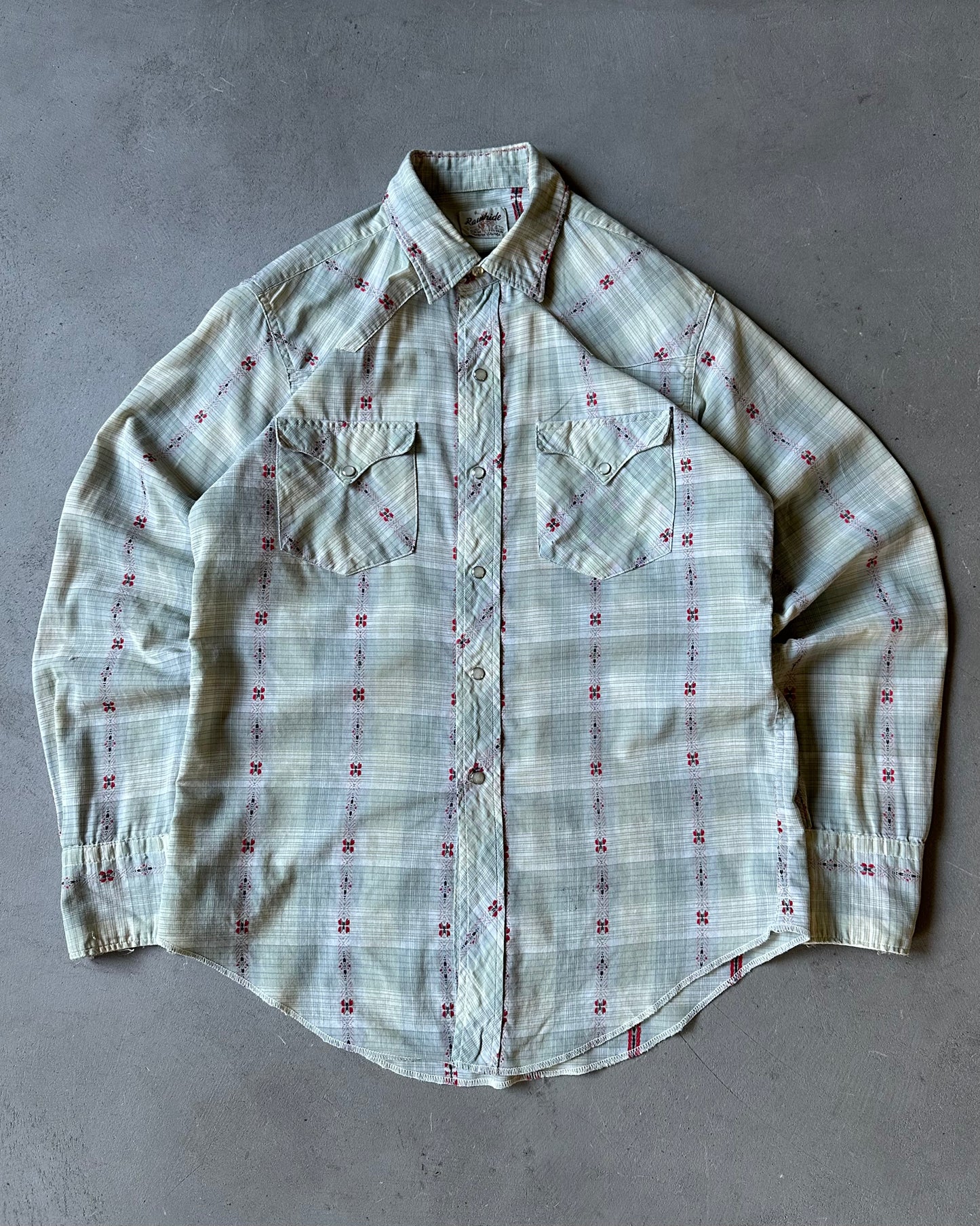 1970s - Distressed Light Grey/Red Rawhide Western Shirt - S