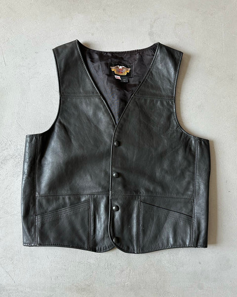 1990s - Black Harley Davidson Leather Vest - M/L