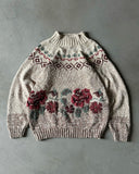1990s - Beige/Red Floral Cotton Sweater - (W)M