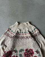 1990s - Beige/Red Floral Cotton Sweater - (W)M