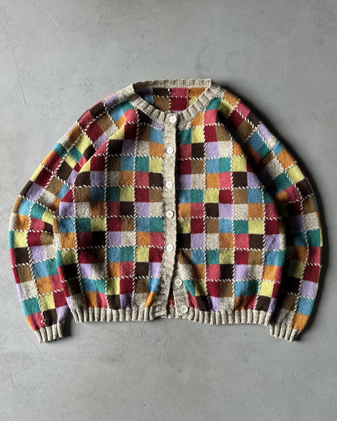 1990s - Cream/Multi Plaid Wool Cardigan - (W)M/L