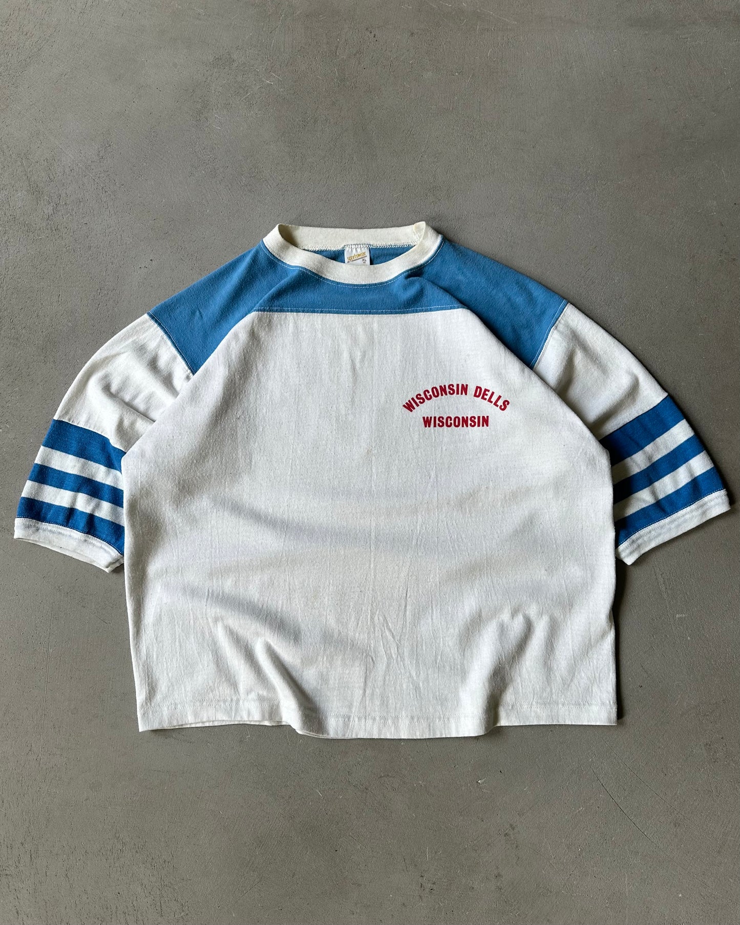 1970s - White/Blue Wisconsin Cropped Cotton Jersey - M