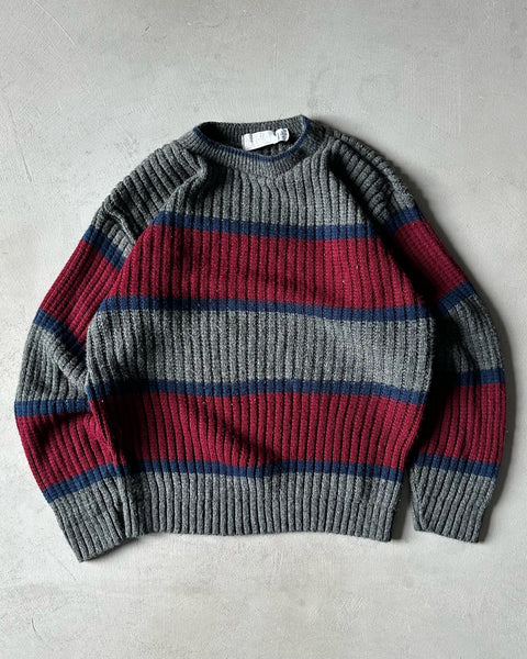 1990s - Grey/Red Striped Sweater - M