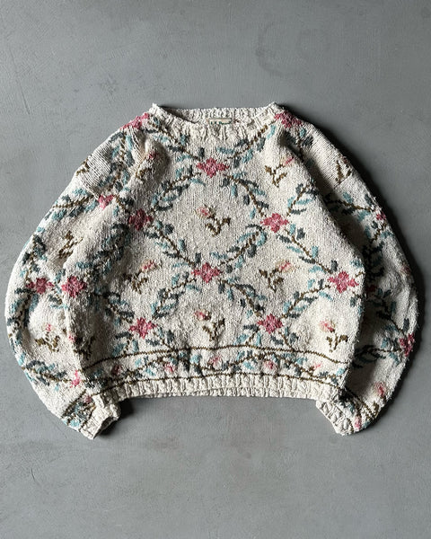 1990s - Cream Floral L.L.Bean Sweater - (W)M