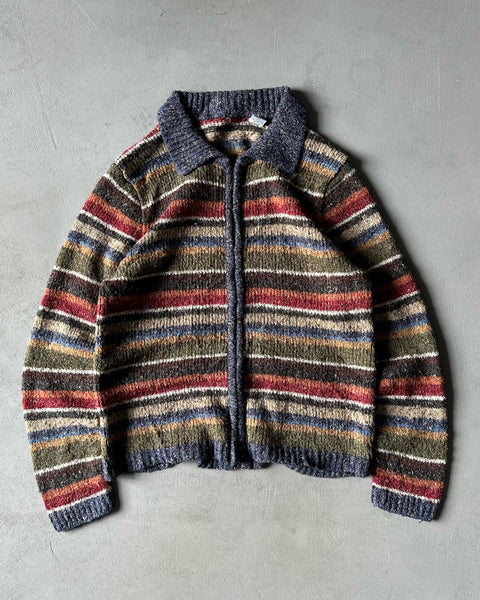 1990s - Blue/Green Striped Collared Sweater - (W)M