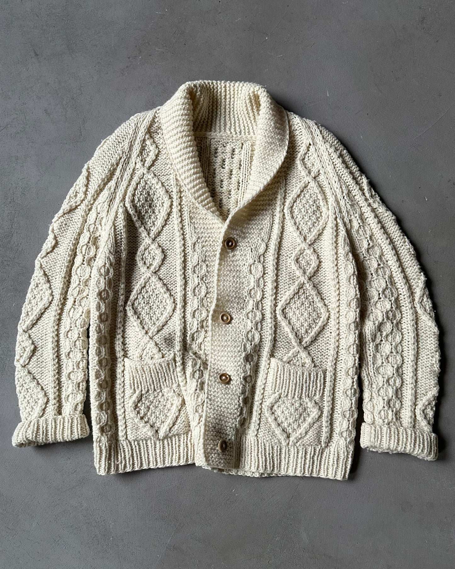 1980s - Cream Cableknit Shawl Cardigan - L