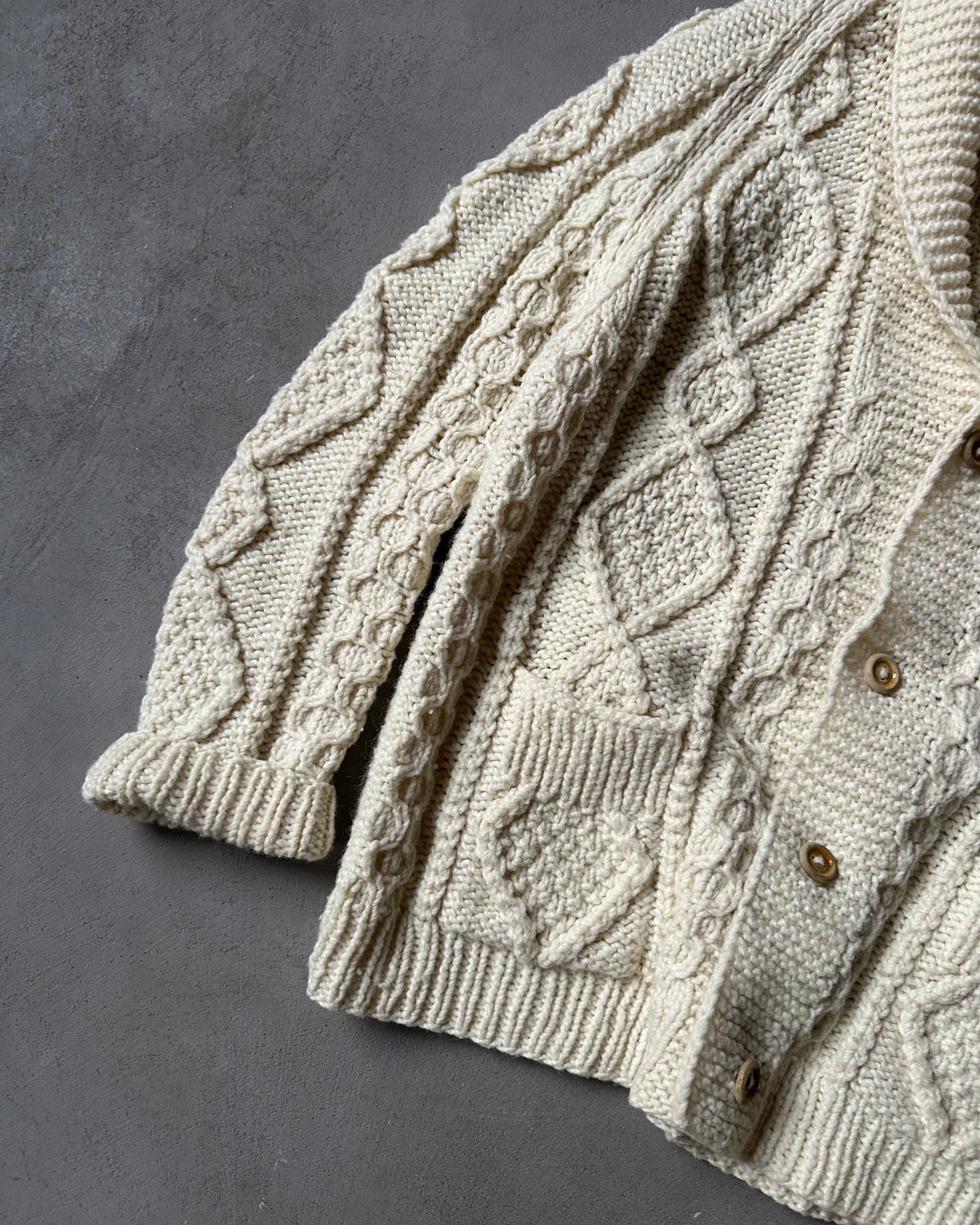 1980s - Cream Cableknit Shawl Cardigan - L