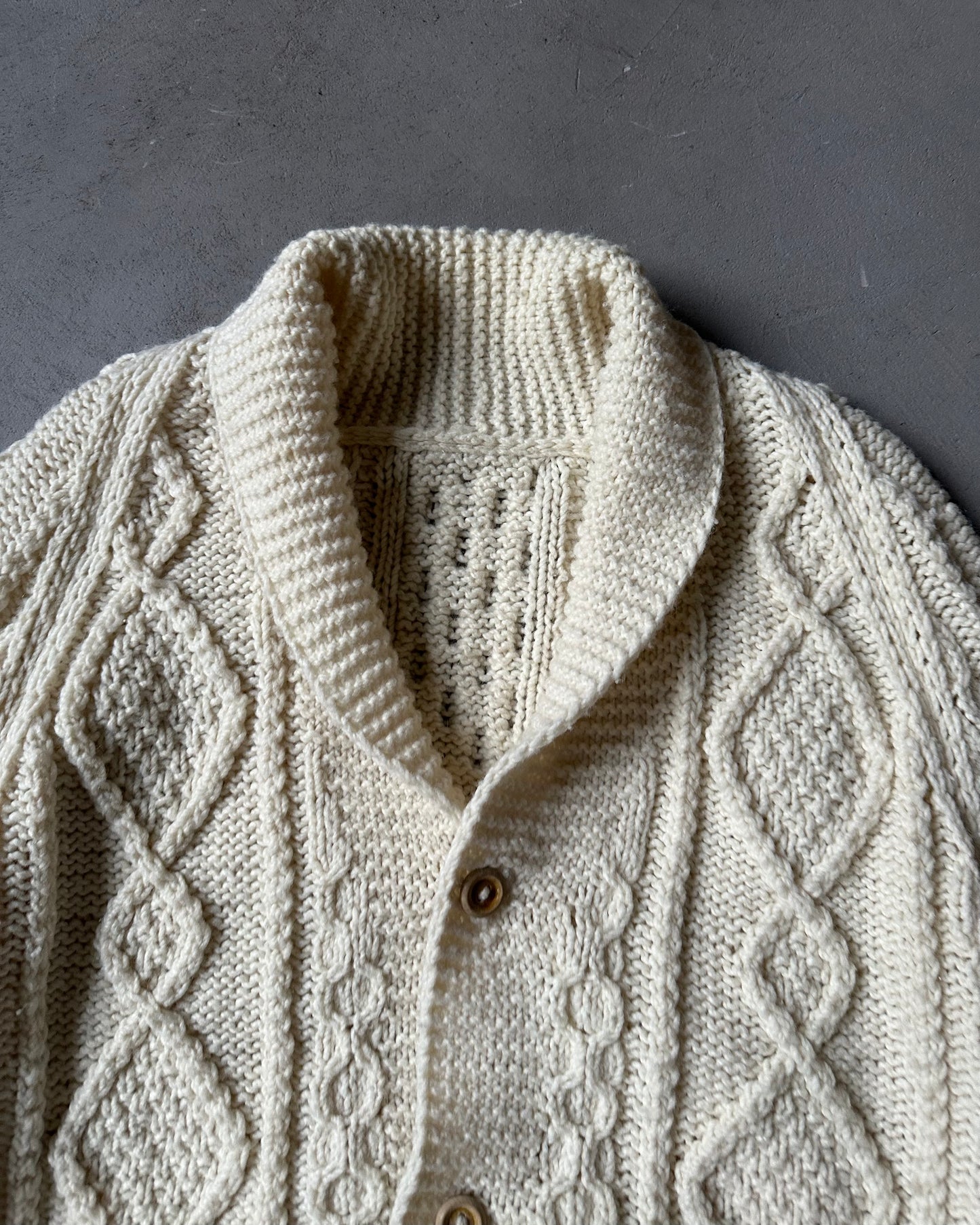 1980s - Cream Cableknit Shawl Cardigan - L