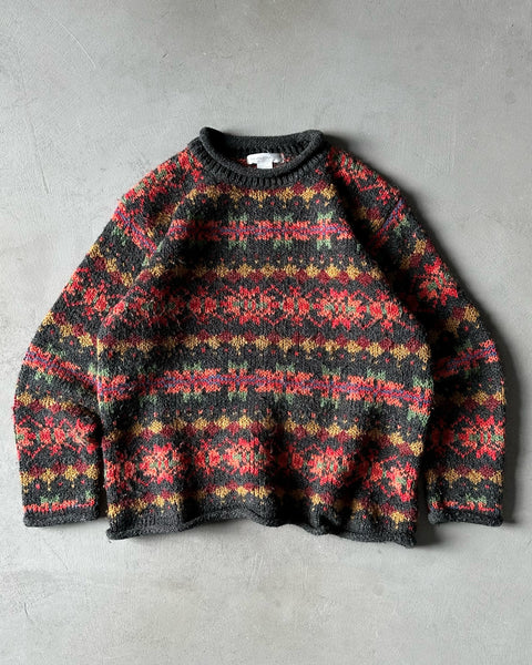1990s - Charcoal/Red Fair Isle Wool Sweater - (W)L