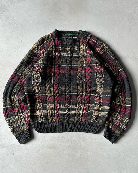 1990s - Black/Green Plaid Cableknit Sweater - XL