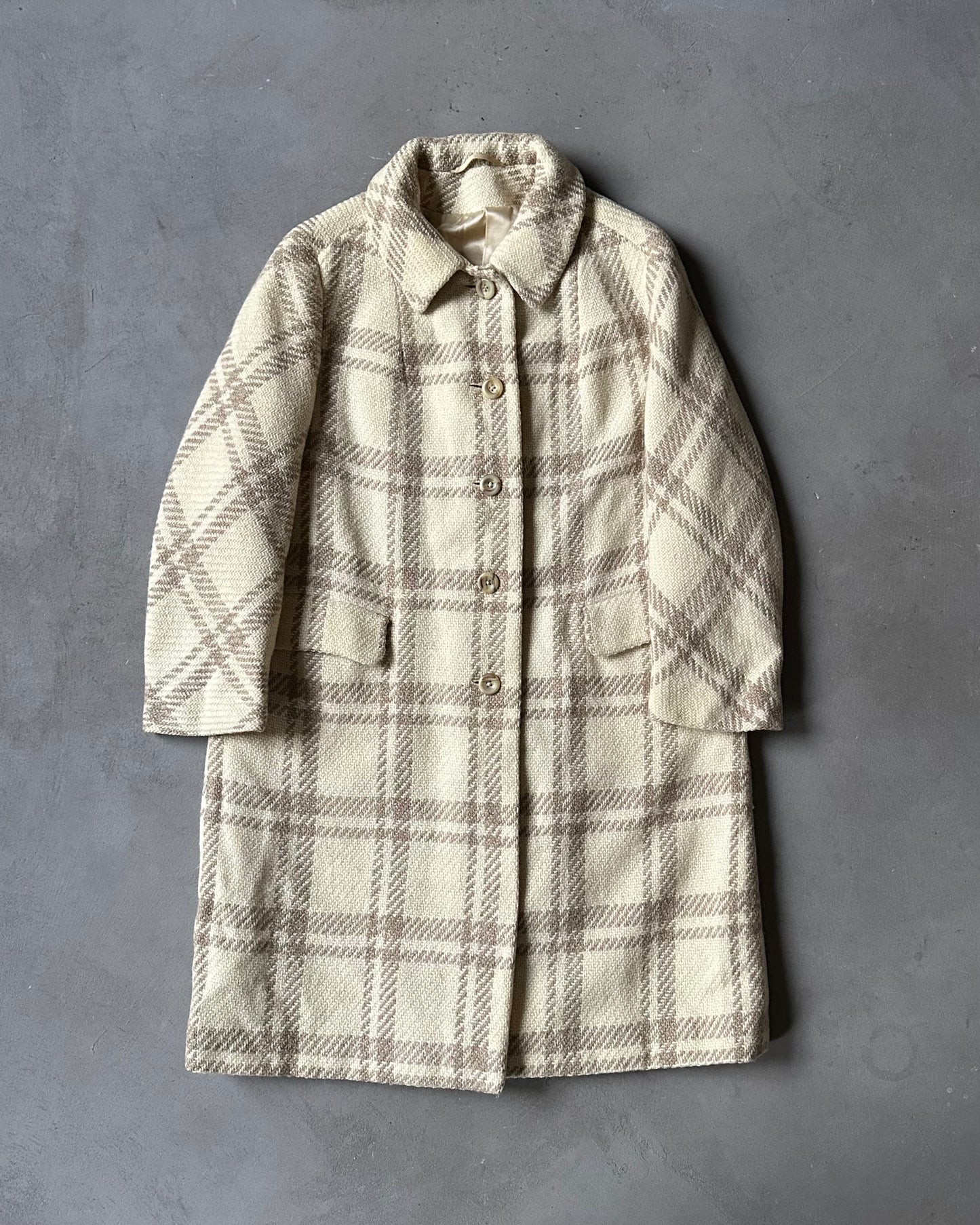 1970s - Cream Plaid Burberrys Saxony Wool Women's Coat - (W)M