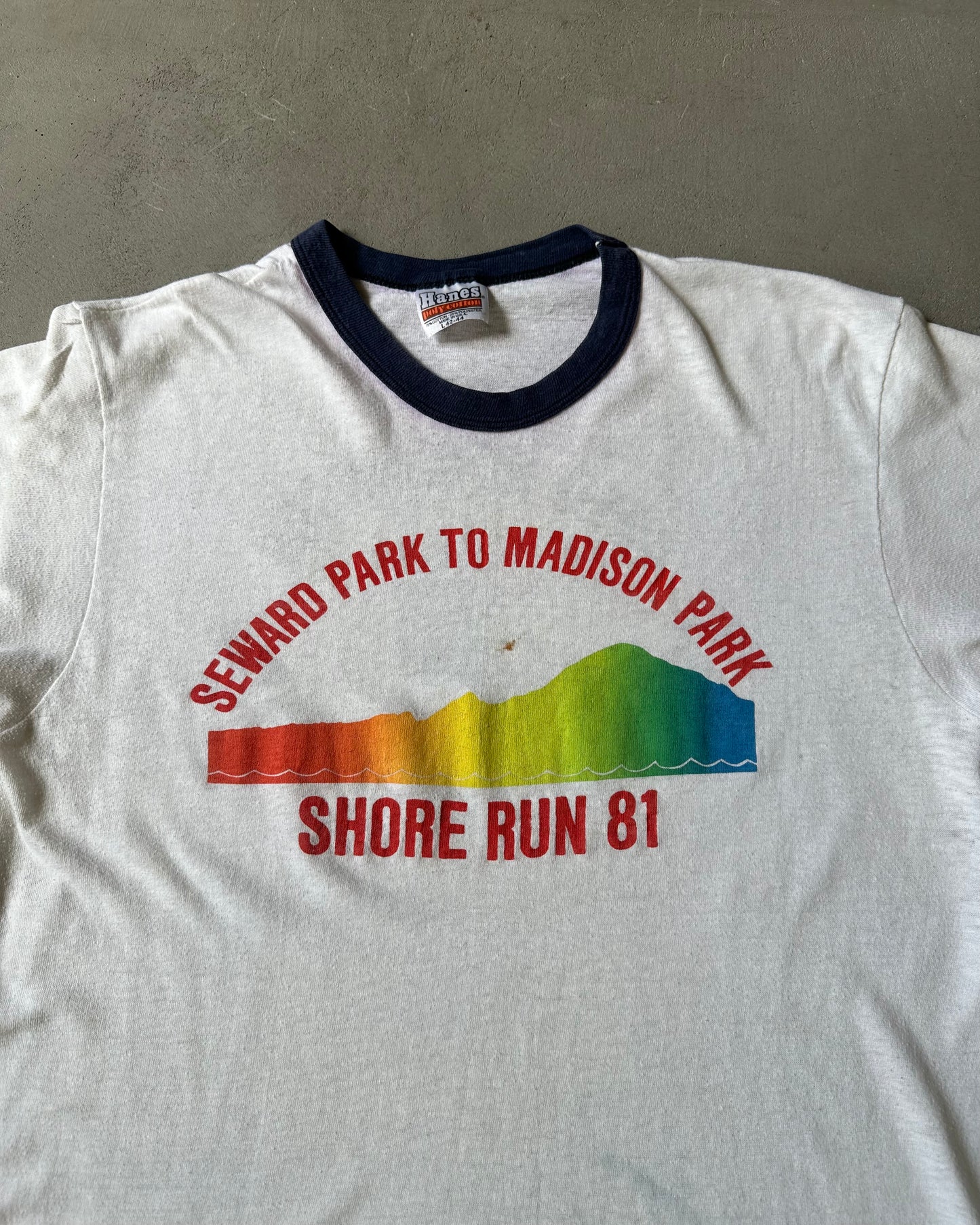 1980s - White/Navy Shore Run Ringer T-Shirt - M/L