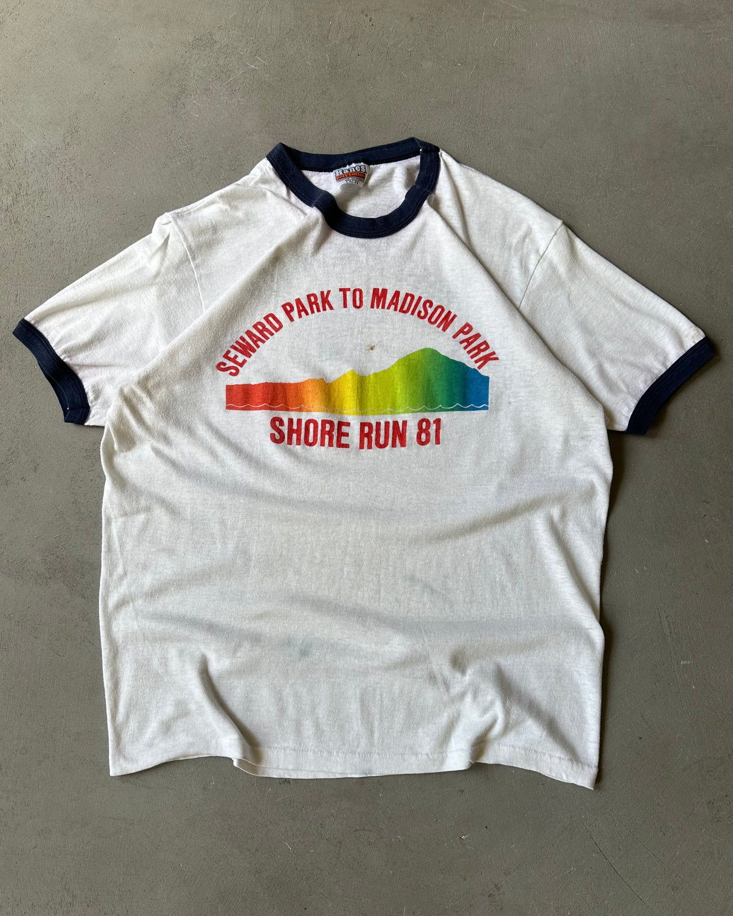 1980s - White/Navy Shore Run Ringer T-Shirt - M/L