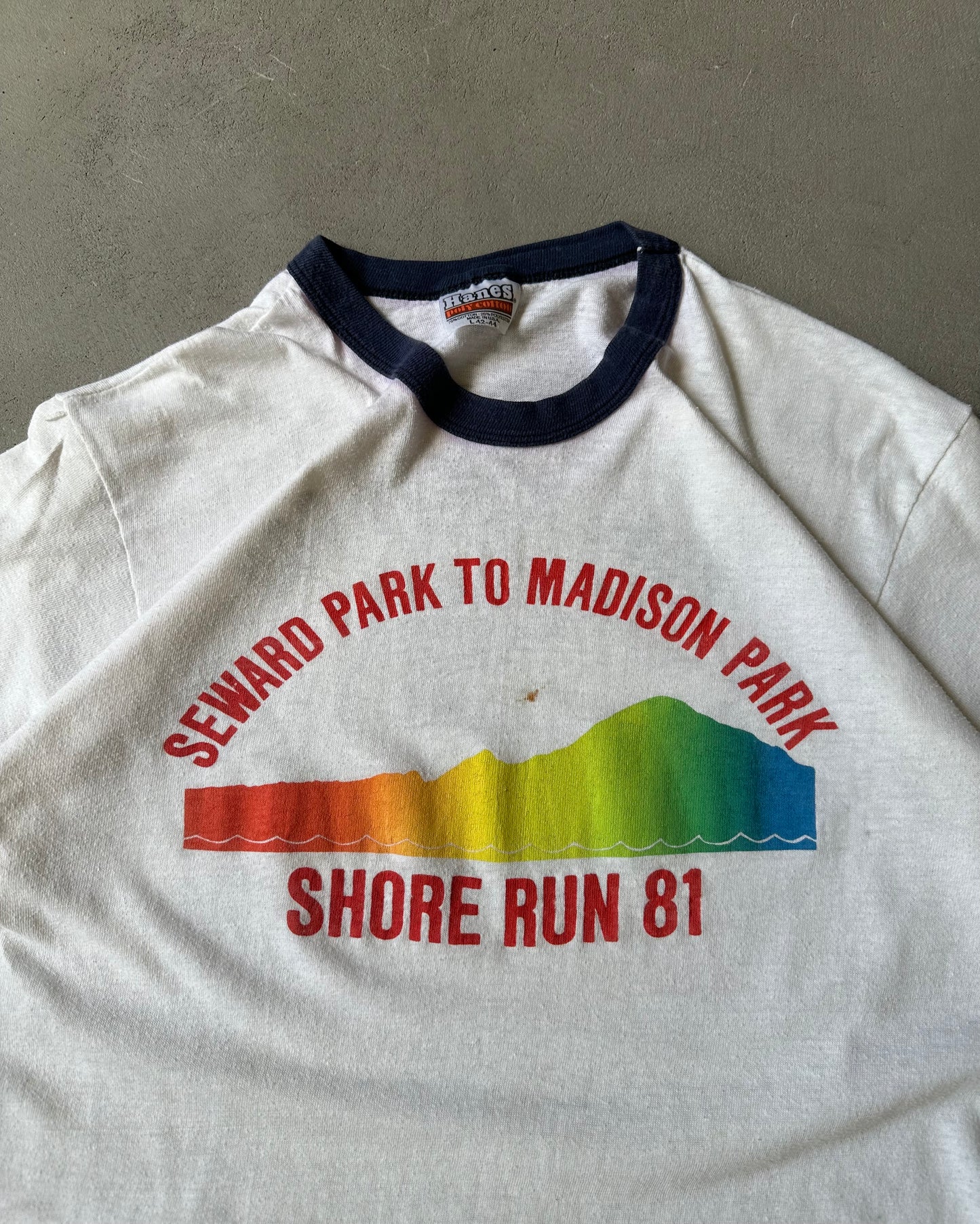 1980s - White/Navy Shore Run Ringer T-Shirt - M/L