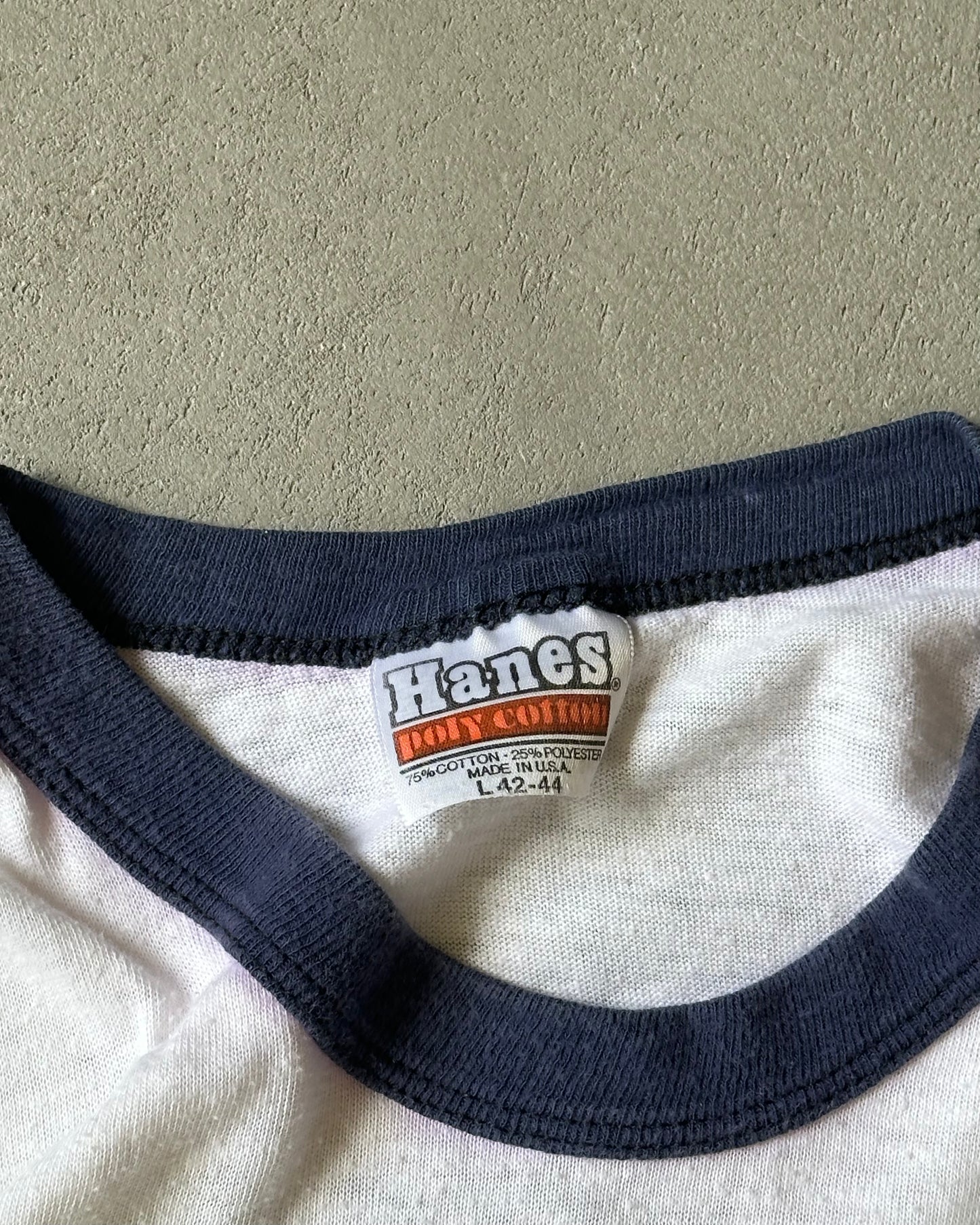 1980s - White/Navy Shore Run Ringer T-Shirt - M/L