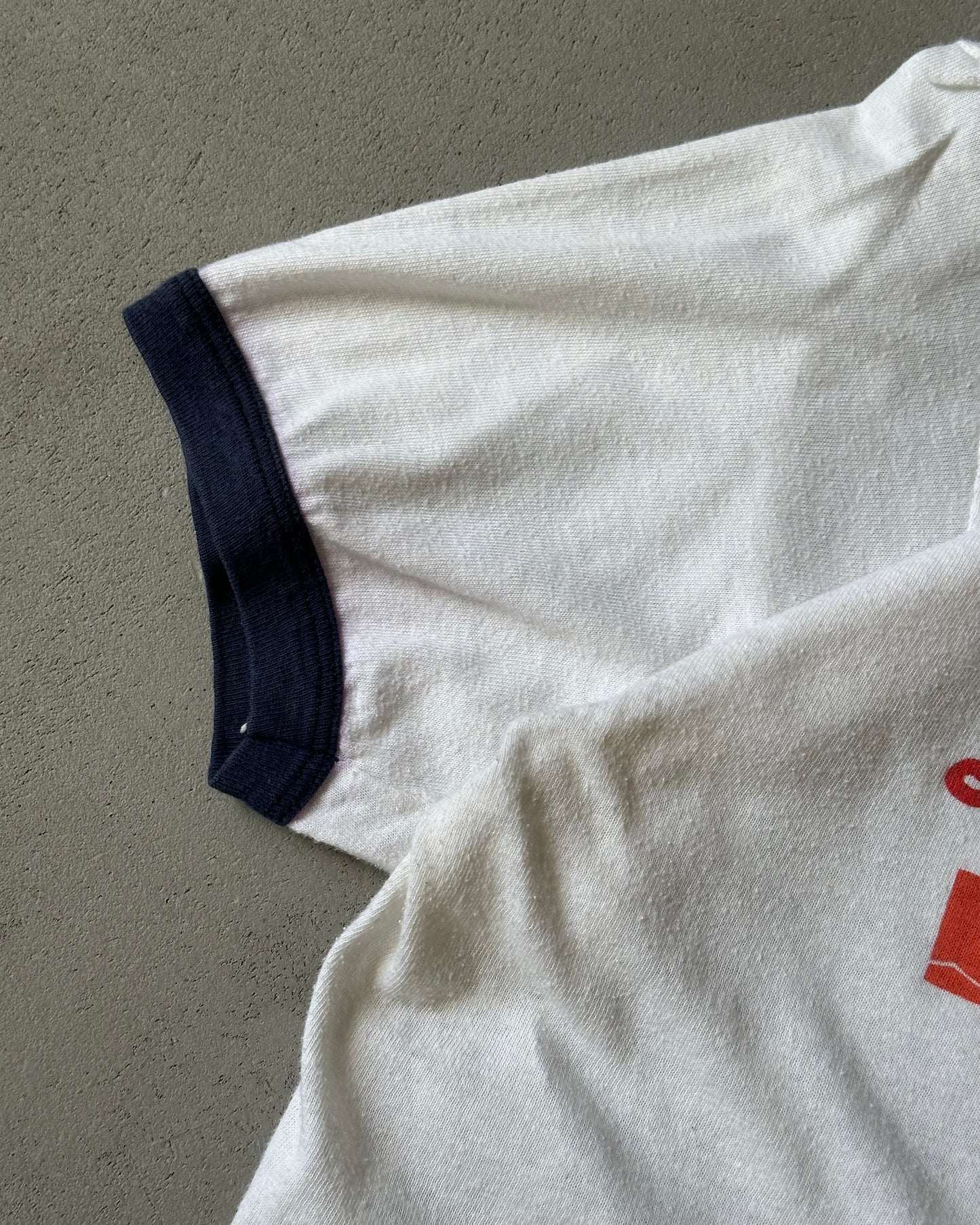 1980s - White/Navy Shore Run Ringer T-Shirt - M/L