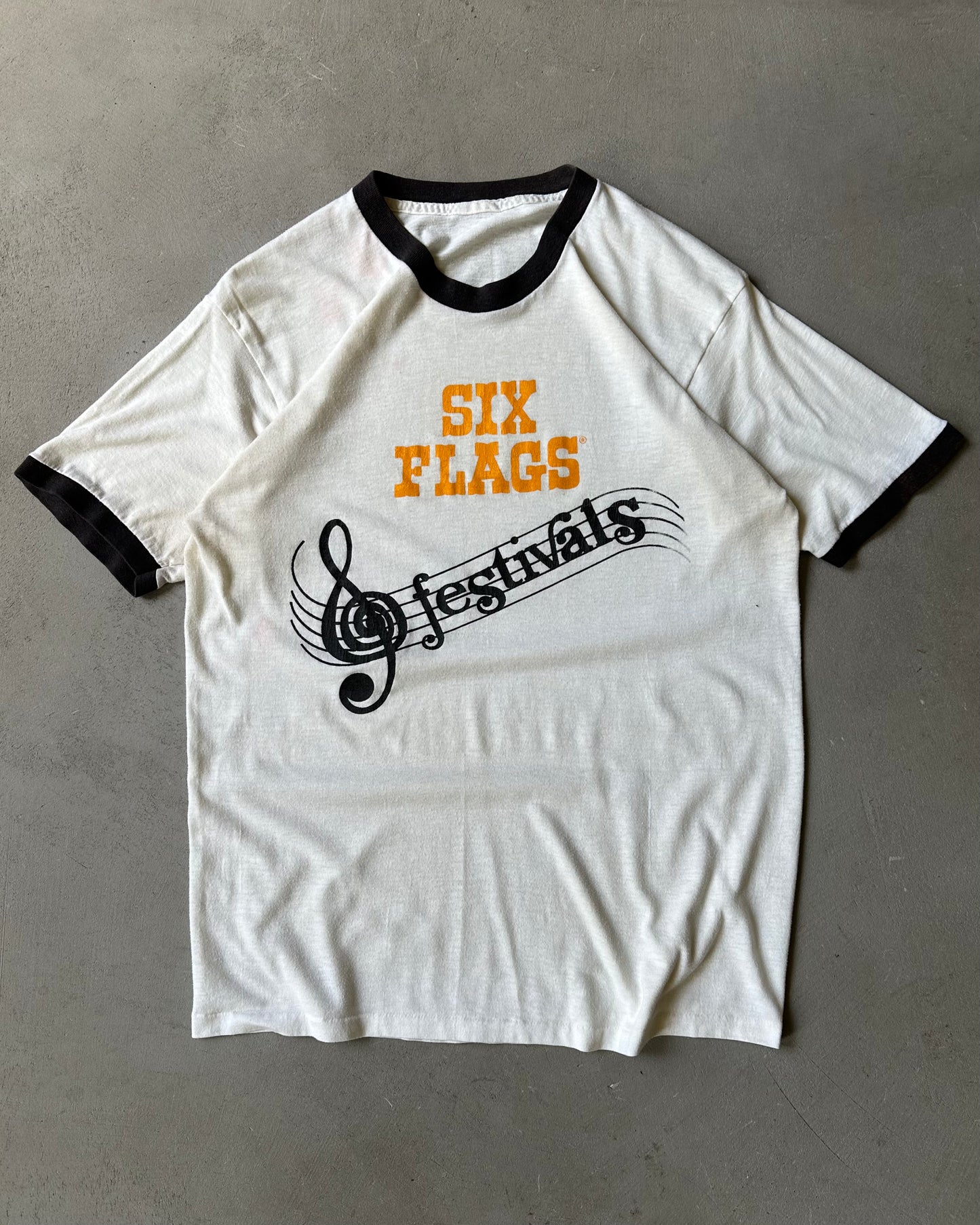 1970s - White/Black Six Flags Ringer T-Shirt - M