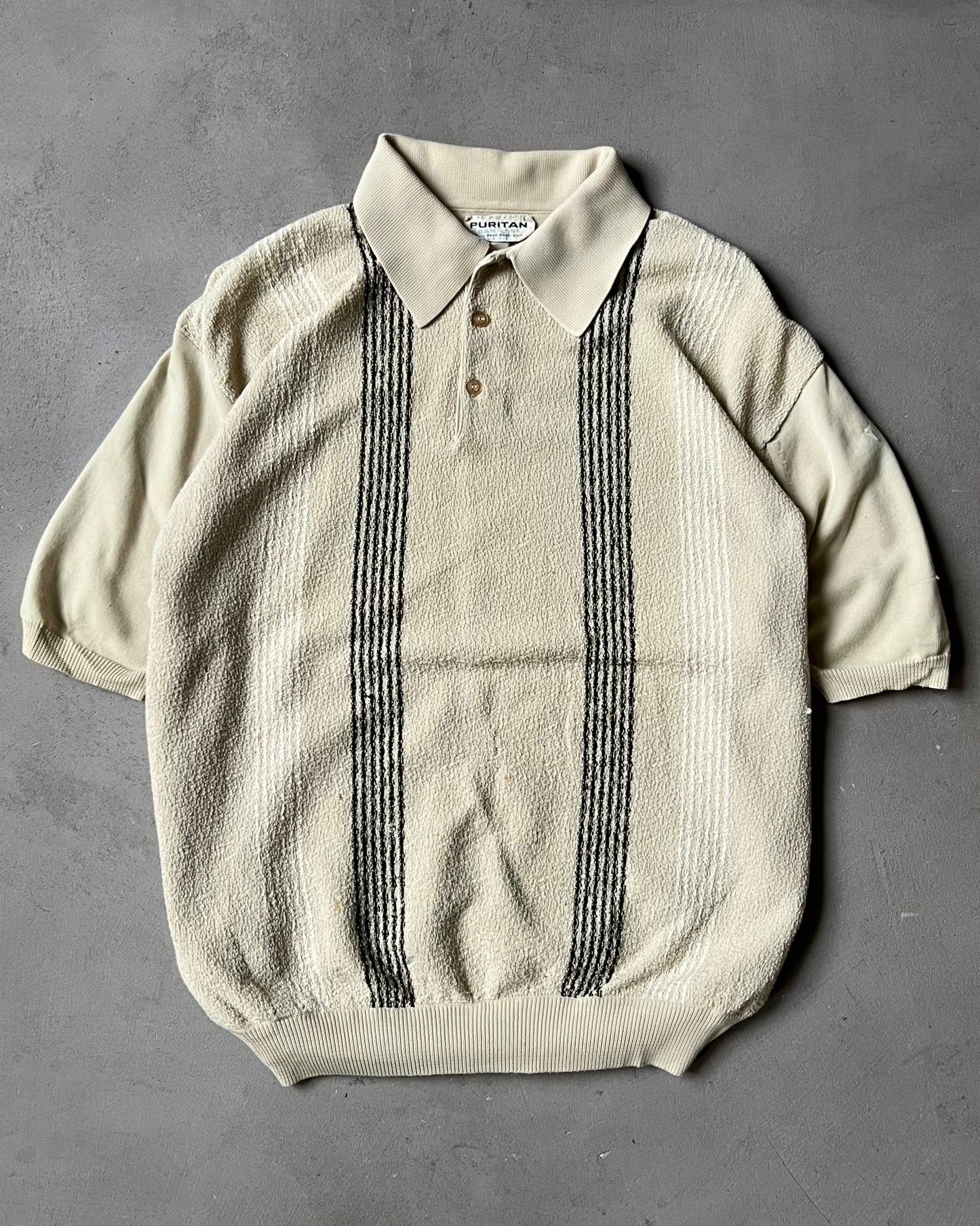 1970s - Cream Puritan Striped Knit Polo - L