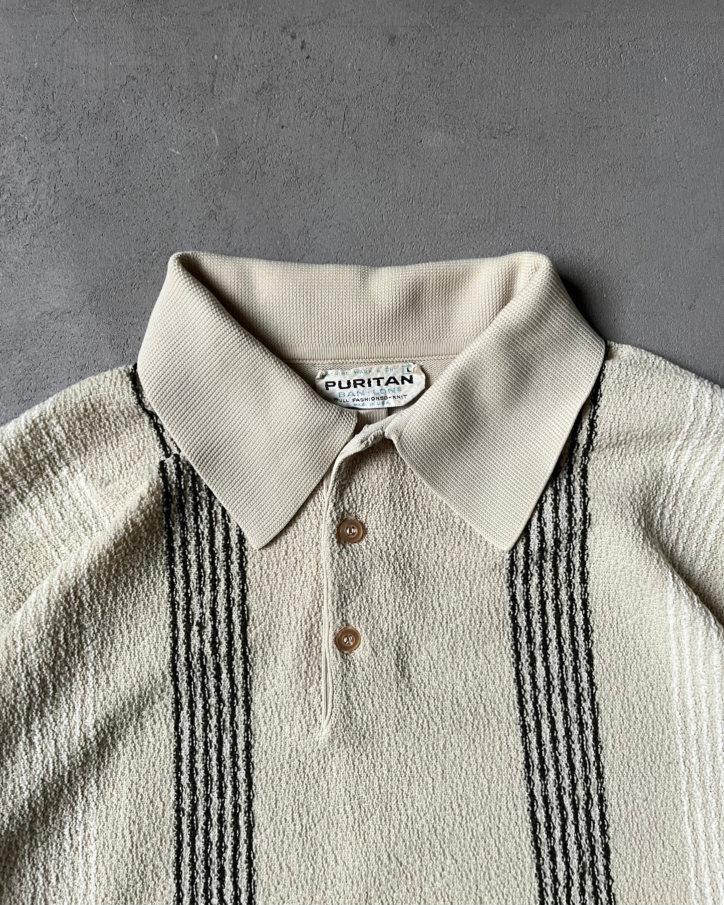 1970s - Cream Puritan Striped Knit Polo - L
