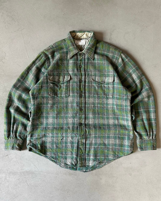 1970s - Distressed Green/Grey Plaid Wool Button Up - M