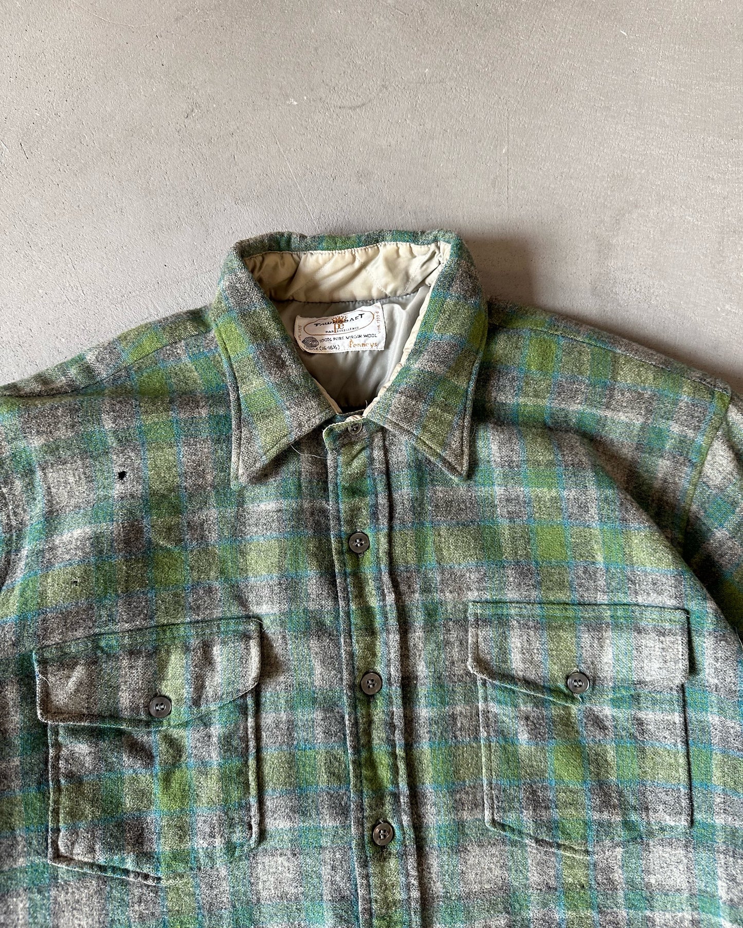 1970s - Distressed Green/Grey Plaid Wool Button Up - M