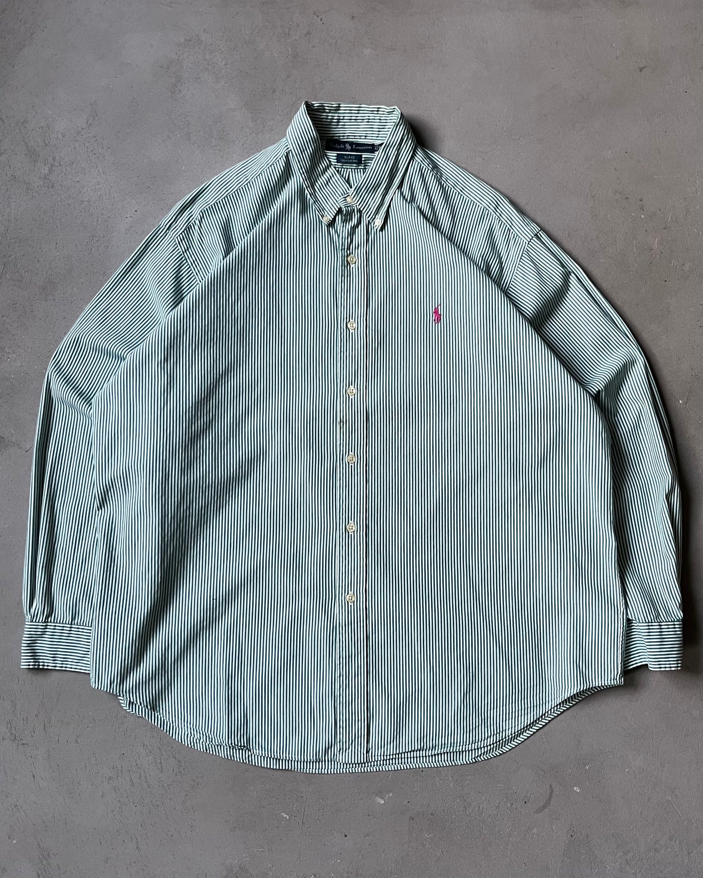 1990s - Green/White Ralph Lauren Striped Blake Shirt - XL