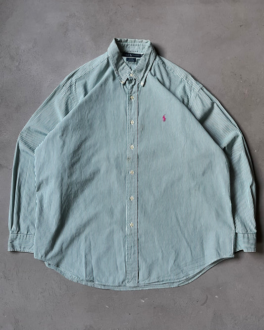 1990s - Green/White Ralph Lauren Striped Blake Shirt - XL