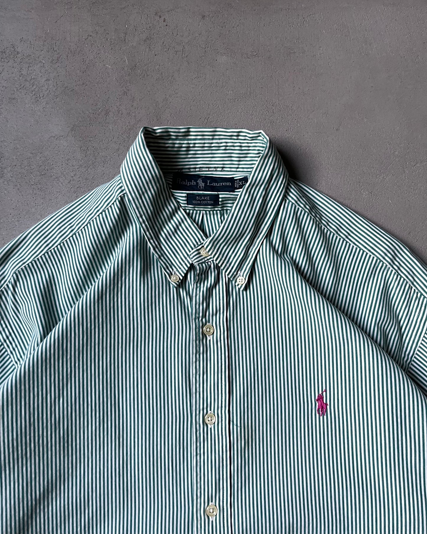 1990s - Green/White Ralph Lauren Striped Blake Shirt - XL
