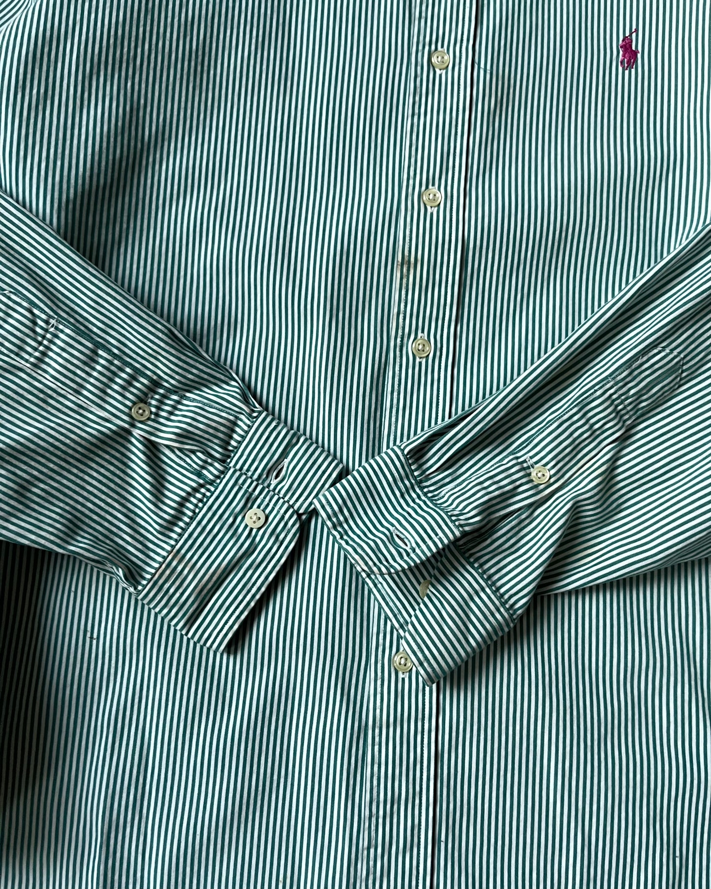 1990s - Green/White Ralph Lauren Striped Blake Shirt - XL