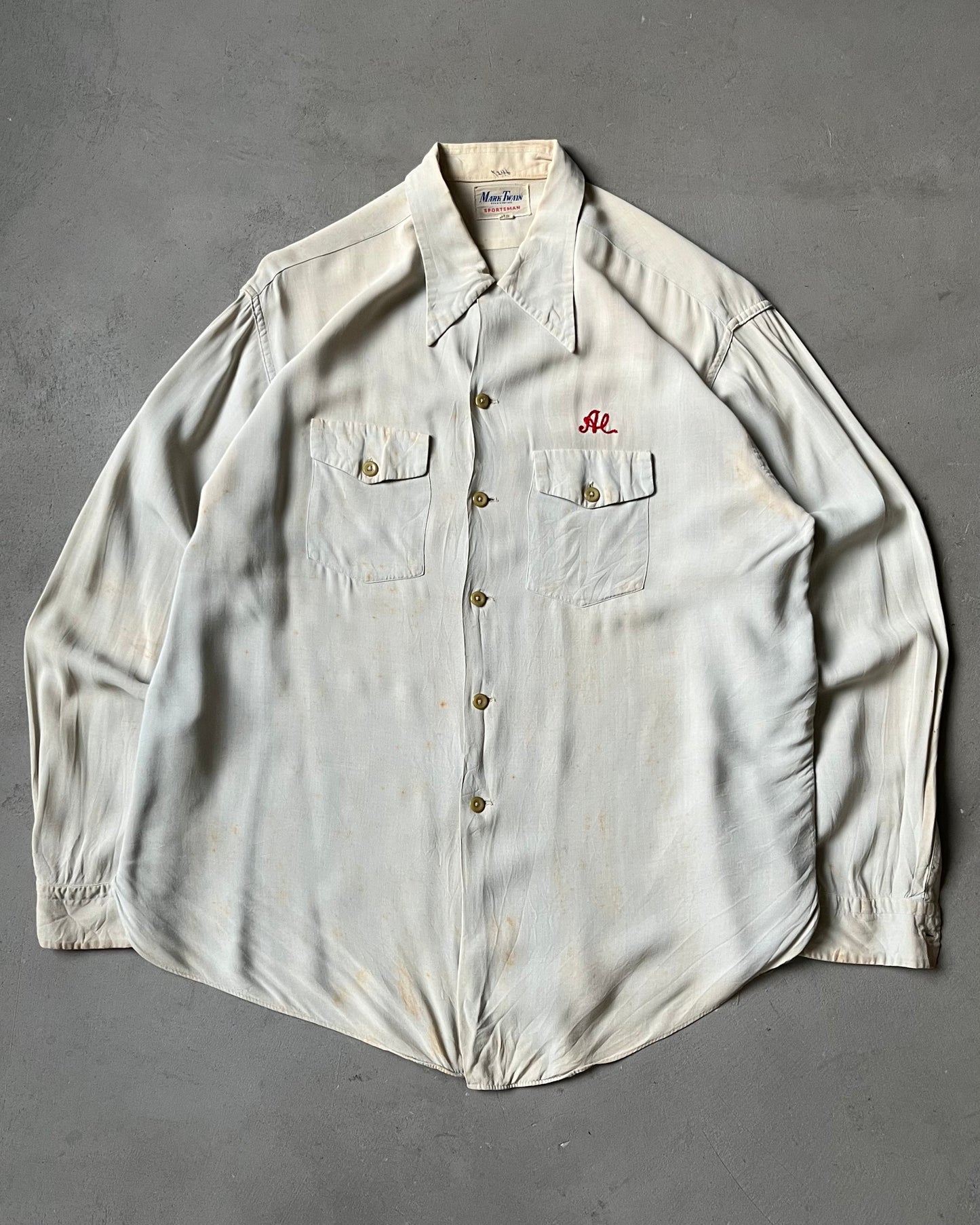 1950s - Distressed Cream Chainstitch Rayon Shirt - XL