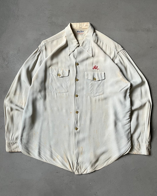 1950s - Distressed Cream Chainstitch Rayon Shirt - XL