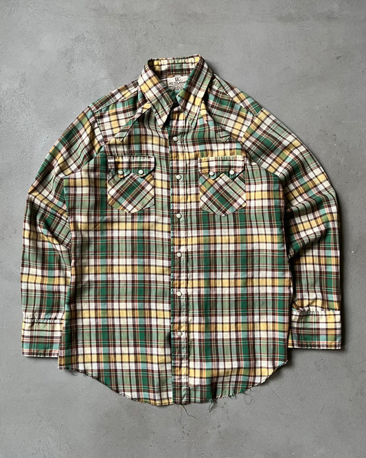 1980s - Green/Brown Deedee Plaid Western Shirt - L