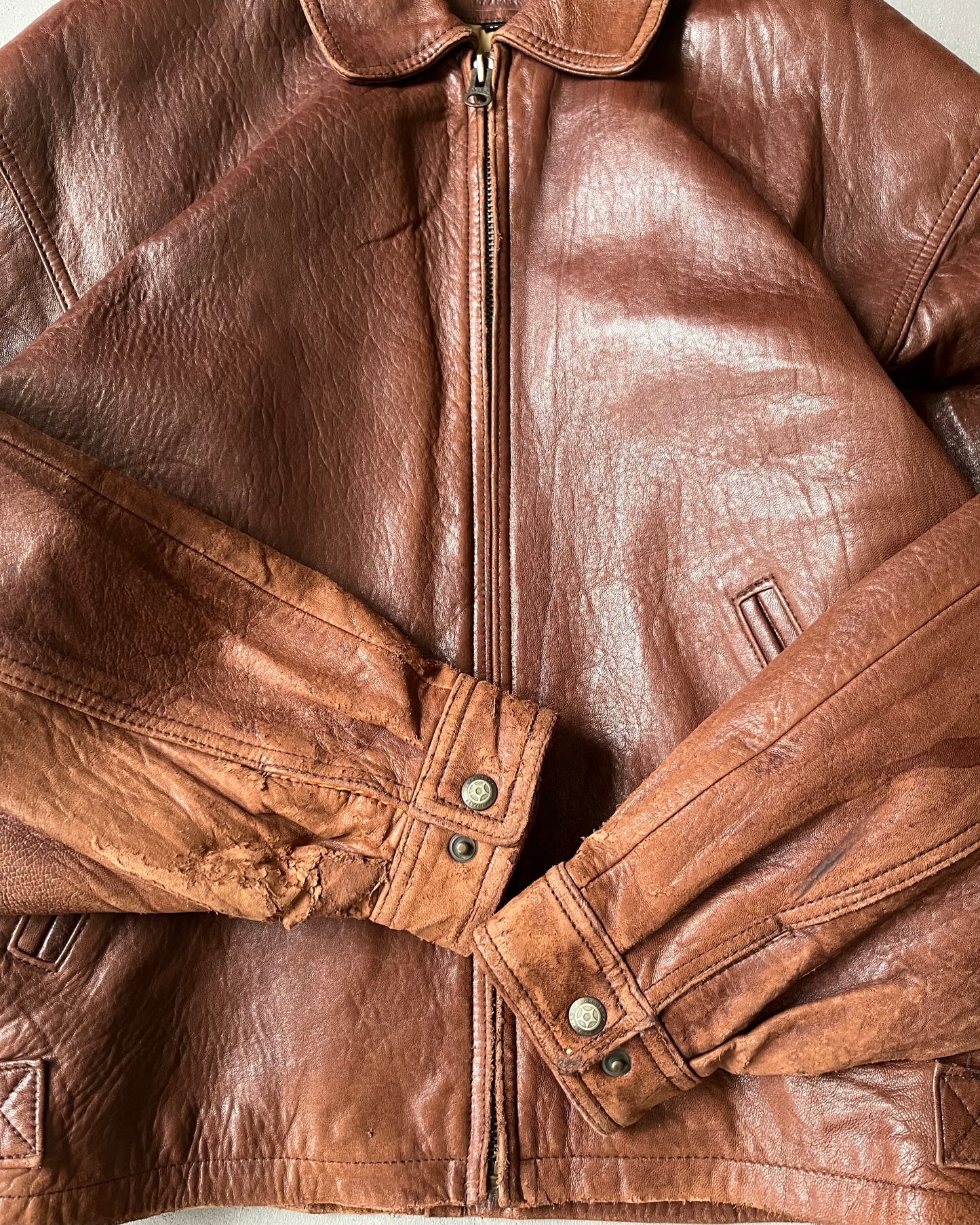 1990s - Distressed Brown Leather Jacket - M