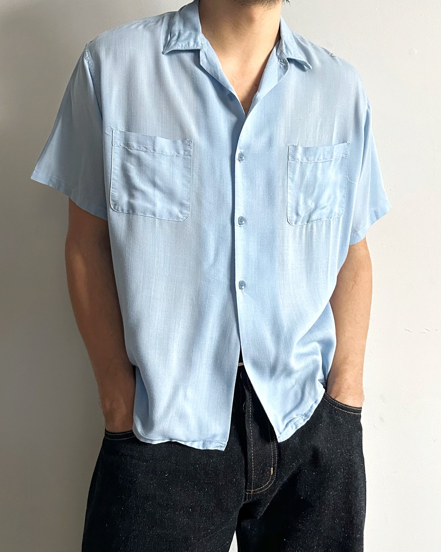 1970s - Distressed Spiegel Light Blue Cropped Shirt - M/L