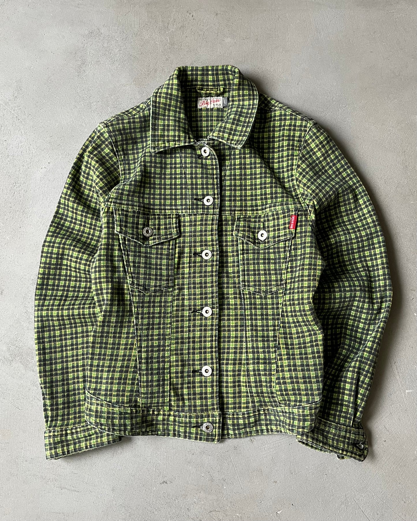 2000s - Green Plaid Cinched Women's Trucker Jacket - (W)S/M