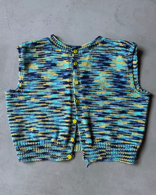 1980s - Blue/Yellow Handknit Women's Sweater Vest - (W)M
